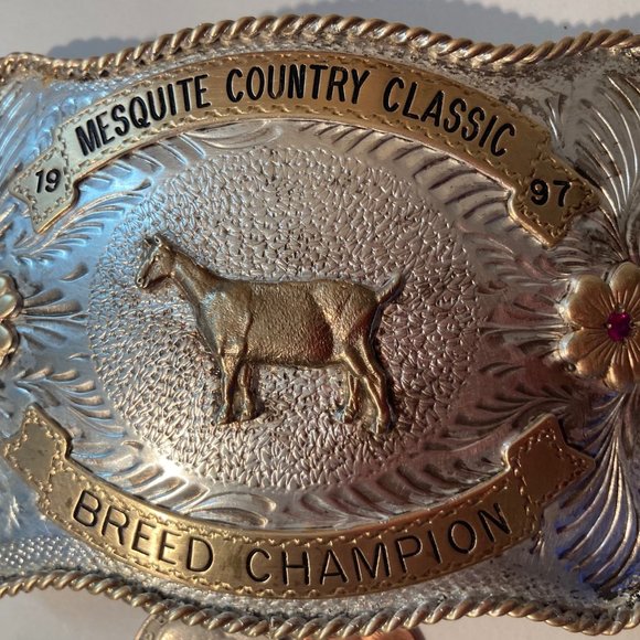 Vintage 1997 Metal Belt Buckle, Silver and Brass, Mesquite Country Classic, Bree